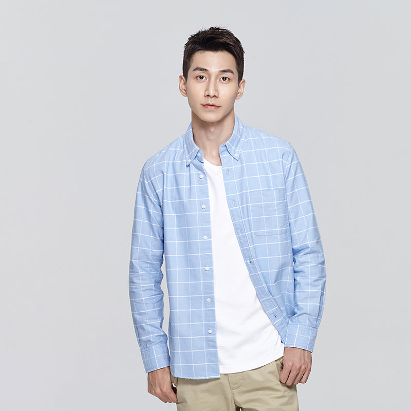 Men's Plaid White Long Sleeve Trendy Spring Summer Top
