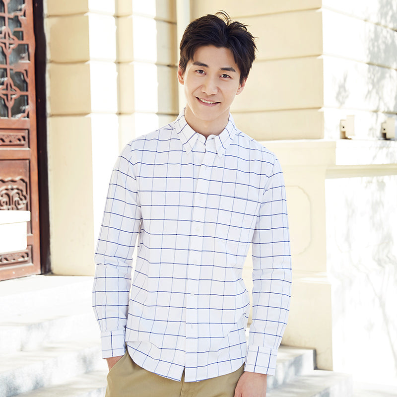 Men's Plaid White Long Sleeve Trendy Spring Summer Top