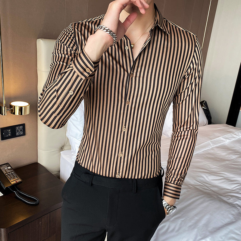 British Striped Slim-fit Square-neck Long-sleeved Shirt