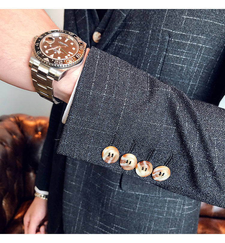 Slim-fit Three-piece Suit With Dark Pattern Business Casual