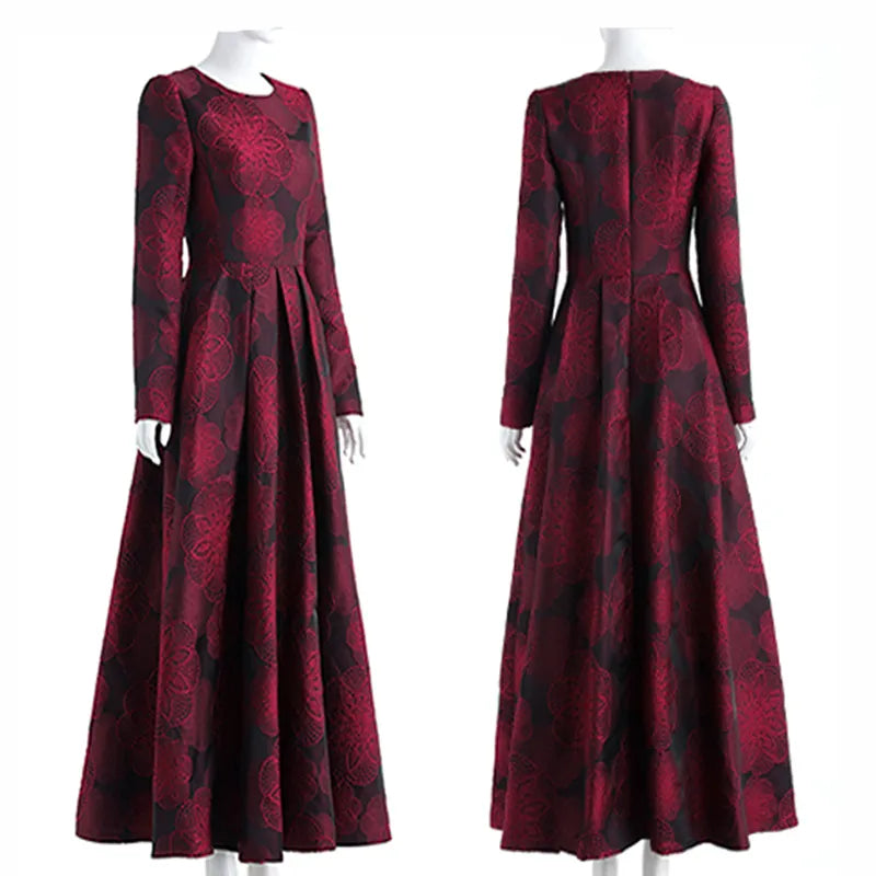 Burgundy Floral Jacquard Dress