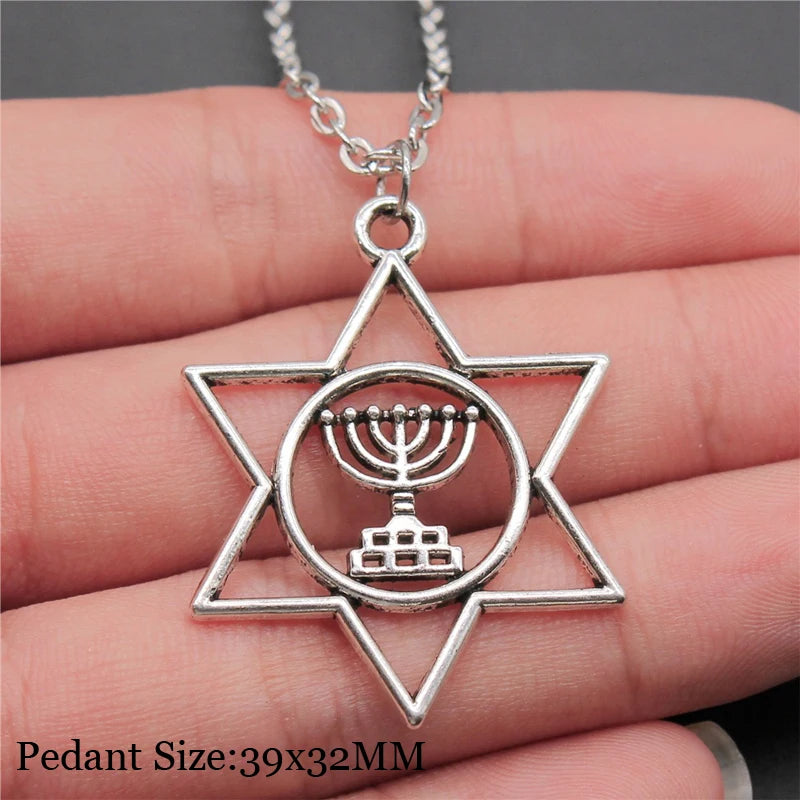 Gold Color Star Of David Menorah Pendant Necklace