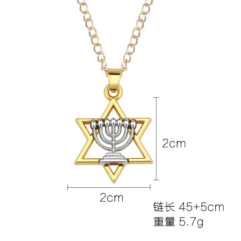 Gold Color Star Of David Menorah Pendant Necklace