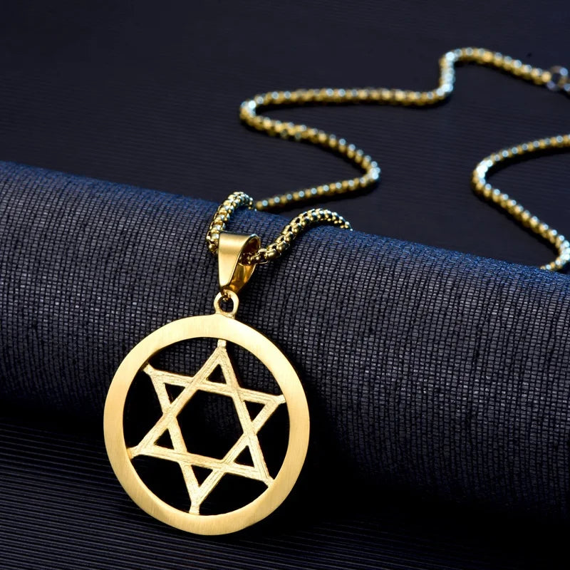 Jewish Six-pointed Star Round Hollow Pendant Necklace