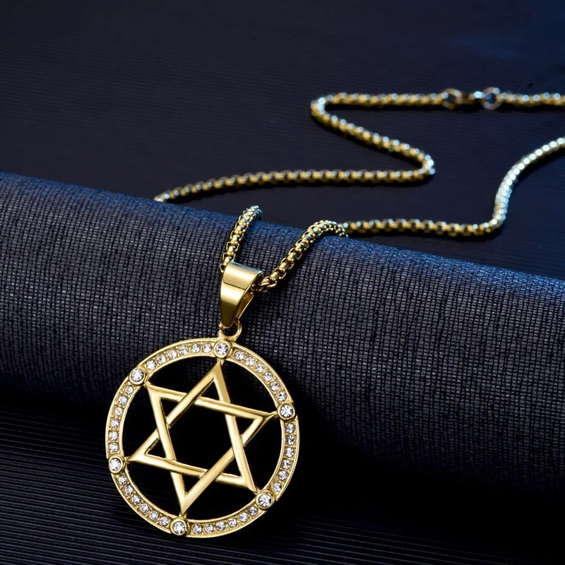 Jewish Six-pointed Star Round Hollow Pendant Necklace