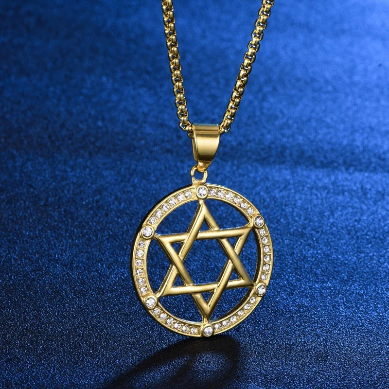 Jewish Six-pointed Star Round Hollow Pendant Necklace