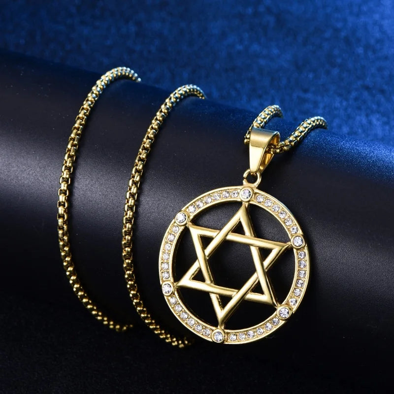 Jewish Six-pointed Star Round Hollow Pendant Necklace