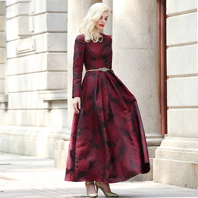 Burgundy Floral Jacquard Dress