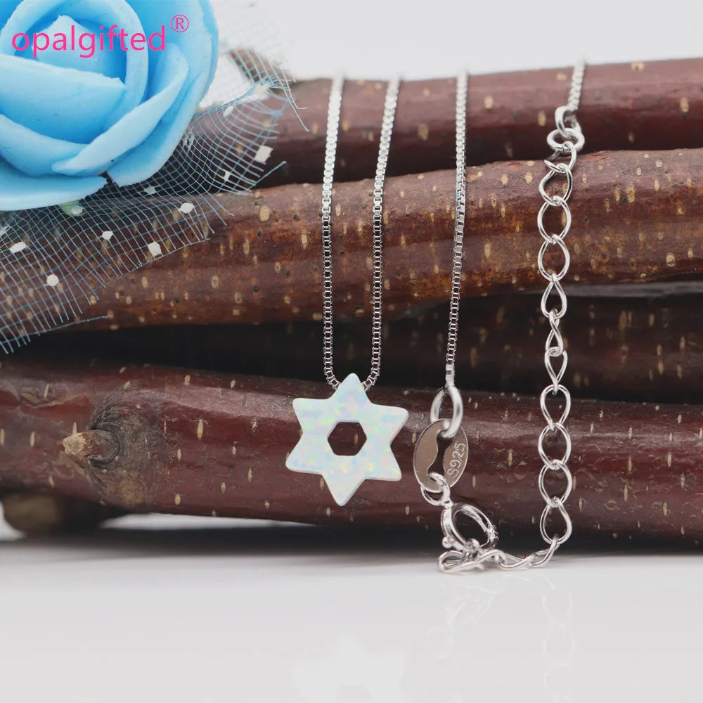 Dark Blue/White Jewish Star Of David With Hollow Opal Necklace