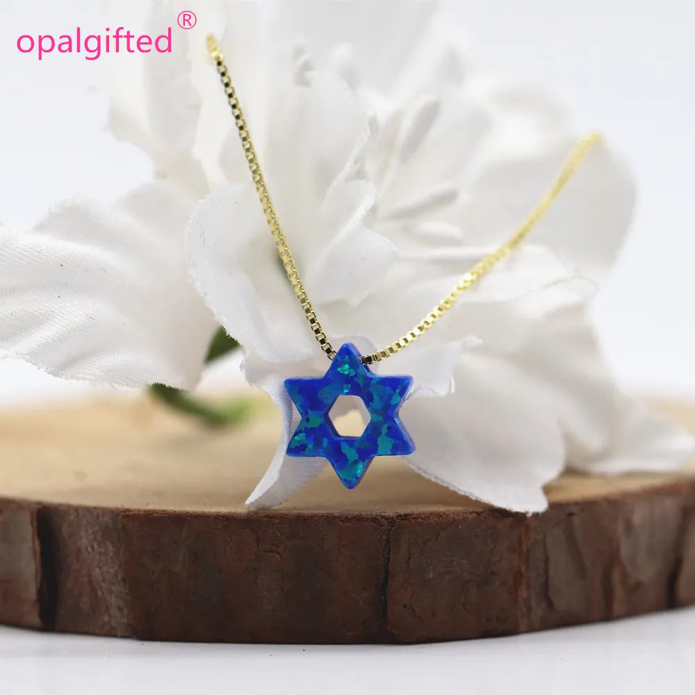 Dark Blue/White Jewish Star Of David With Hollow Opal Necklace