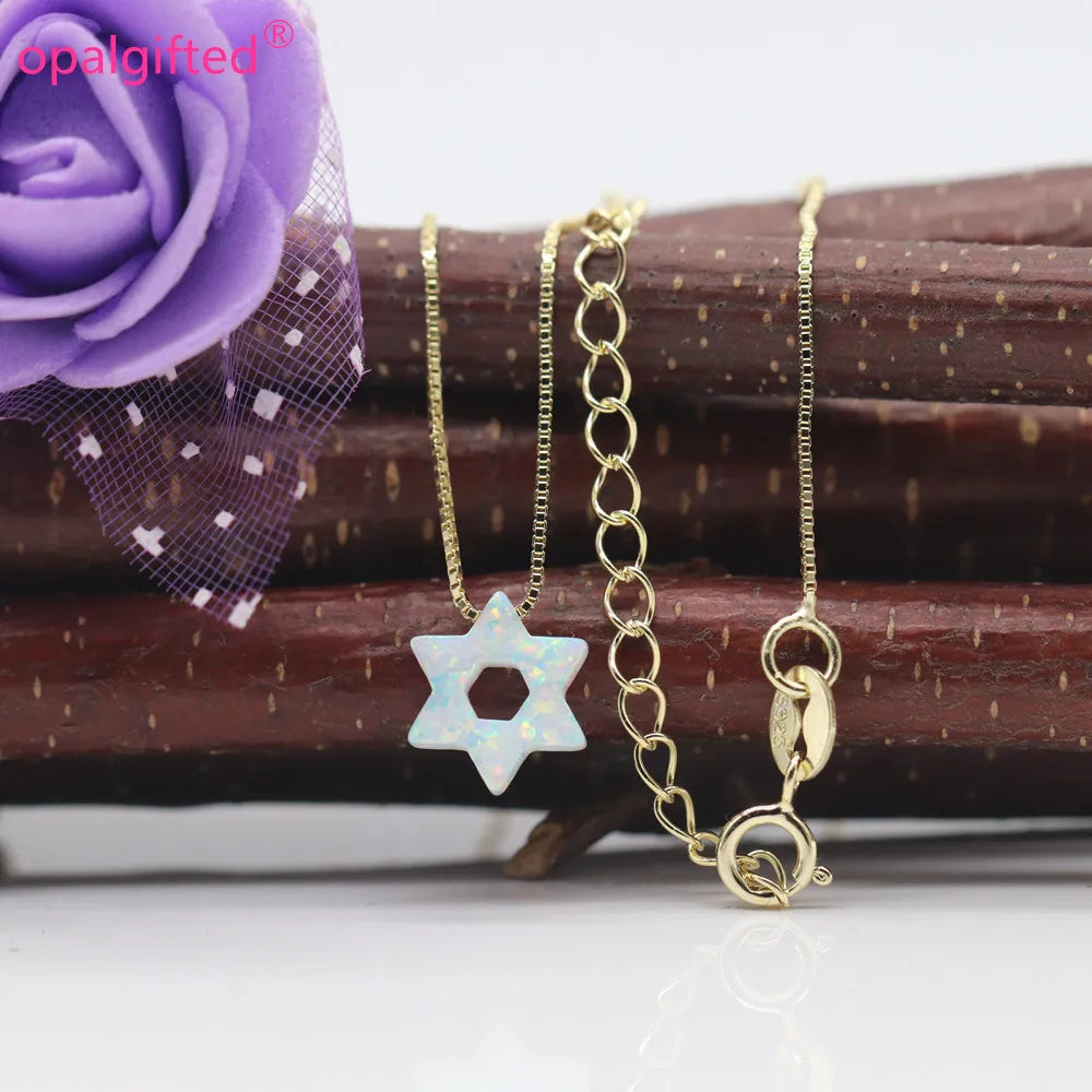 Dark Blue/White Jewish Star Of David With Hollow Opal Necklace
