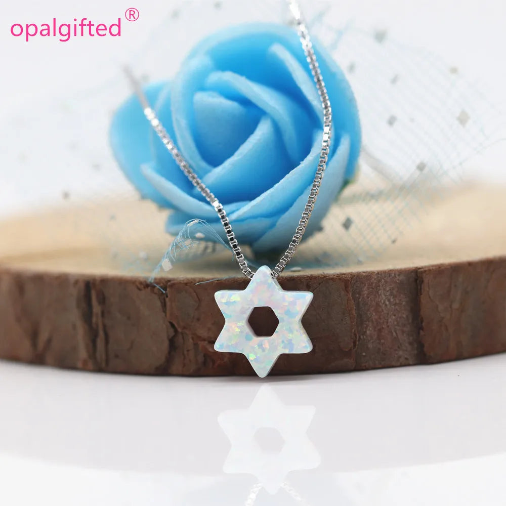 Dark Blue/White Jewish Star Of David With Hollow Opal Necklace