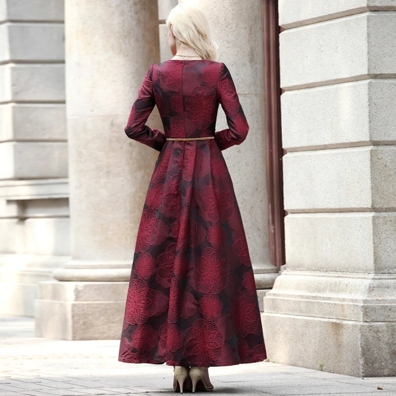 Burgundy Floral Jacquard Dress