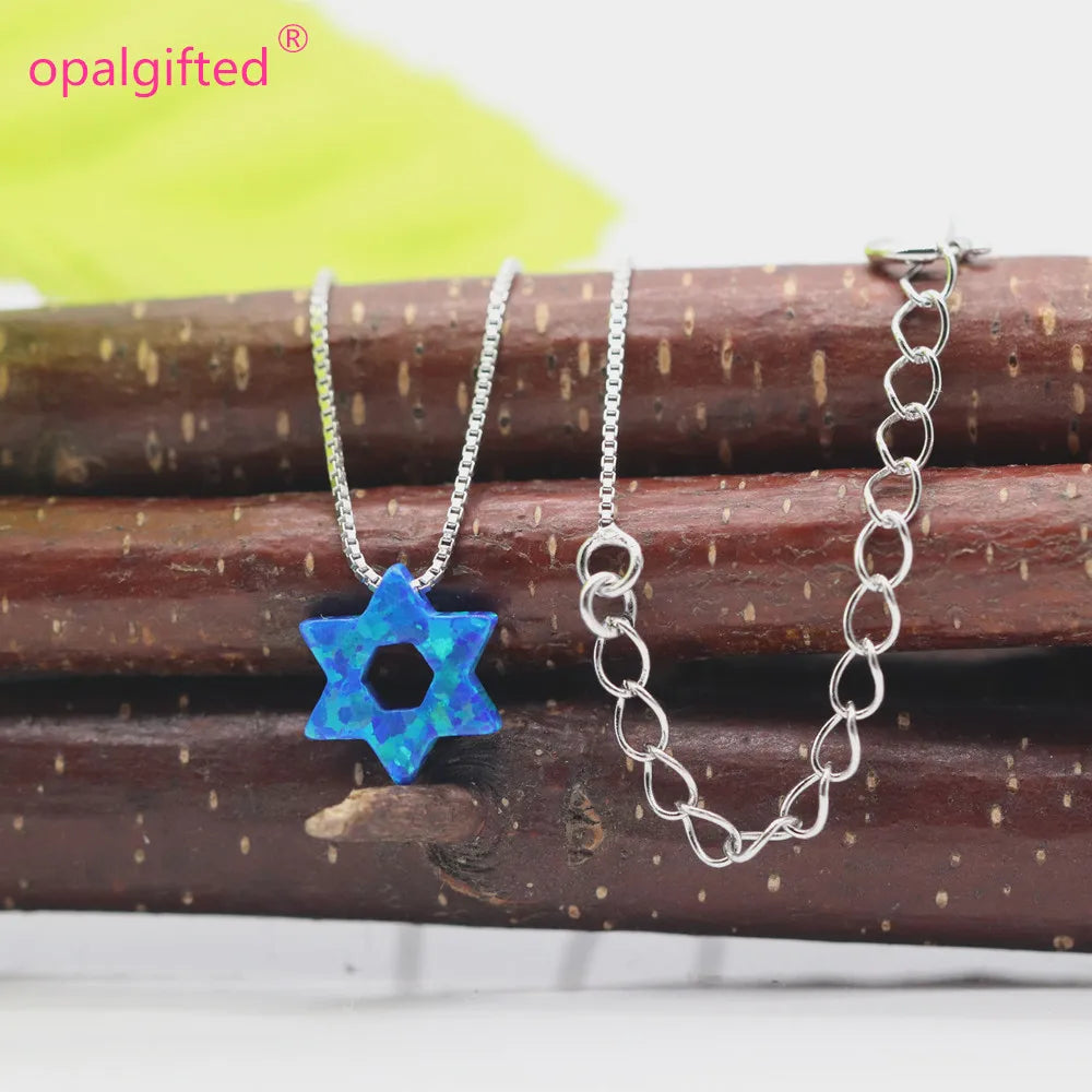 Dark Blue/White Jewish Star Of David With Hollow Opal Necklace