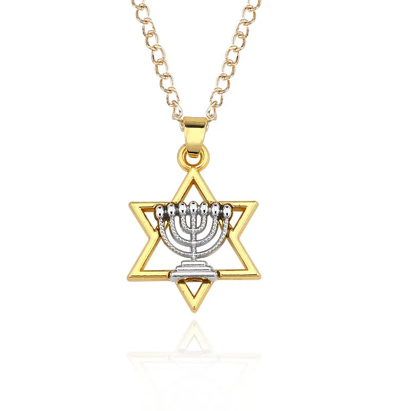 Gold Color Star Of David Menorah Pendant Necklace