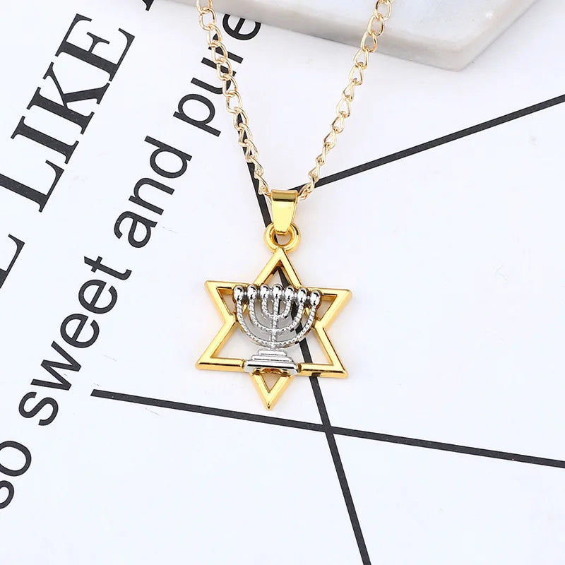 Gold Color Star Of David Menorah Pendant Necklace