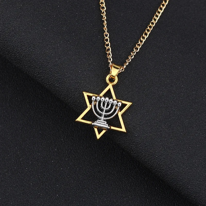 Gold Color Star Of David Menorah Pendant Necklace
