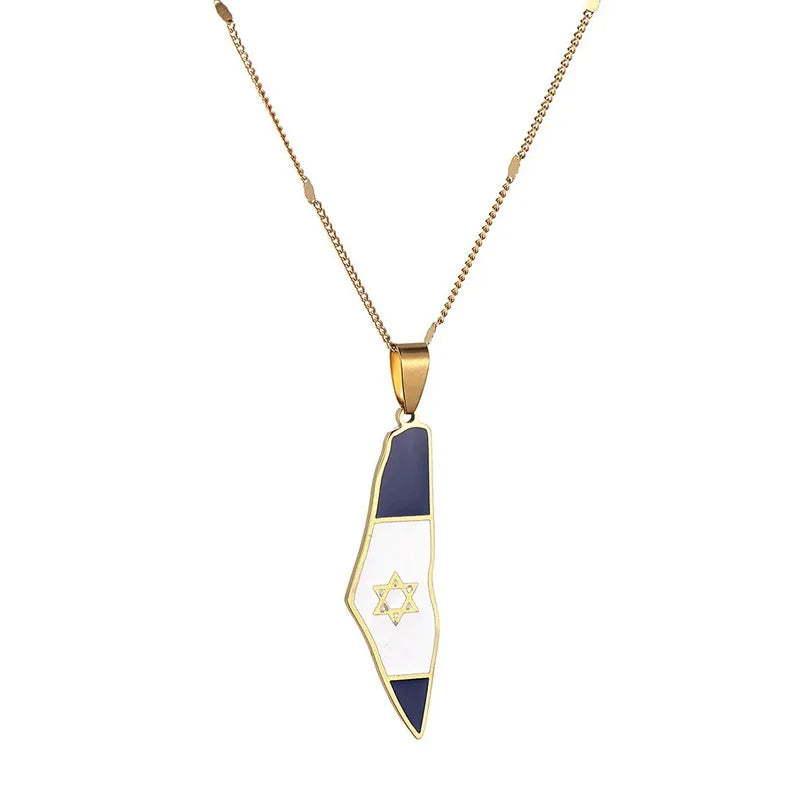 Jewish Stainless Steel Gold Color Flag Necklace