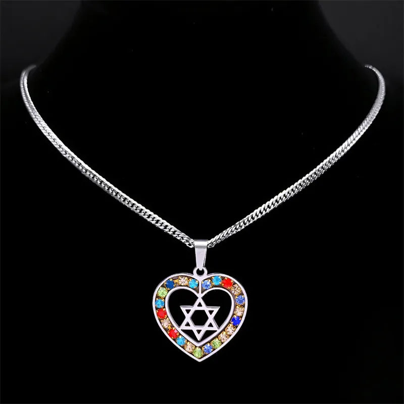 Stainless Steel Jewish Star Of David  Heart Shape Necklace