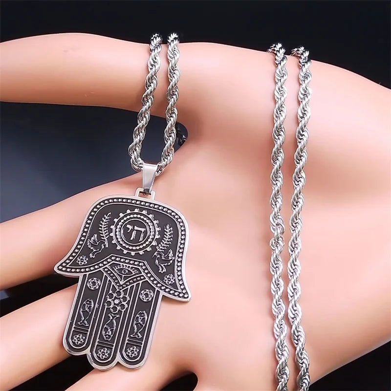 Hamsa Hand Chai Hebrew Letters Necklace