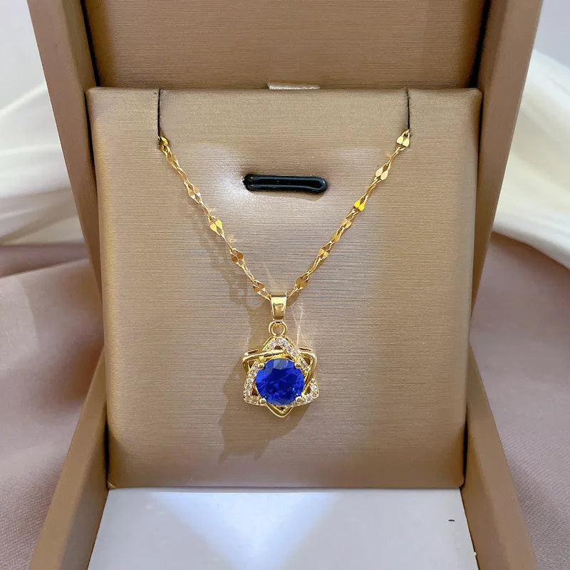 Blue Crystal Mogan David Star Pendant Necklaces