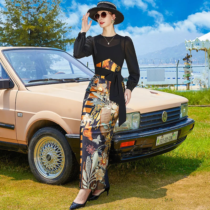 Long Sleeve Printed Pencil Dress