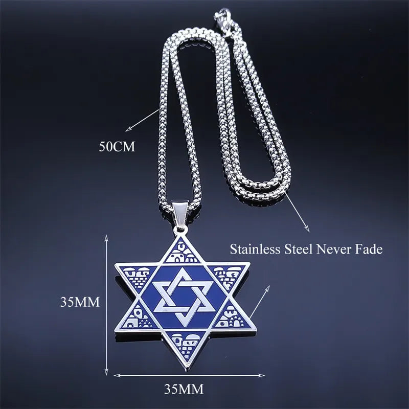 Hexagram Judaica Symbol Blue Color Pendant Necklace