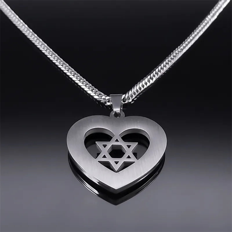 Stainless Steel Jewish Star Of David  Heart Shape Necklace