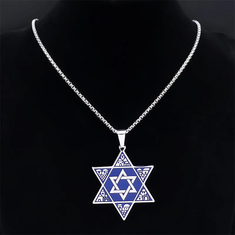Hexagram Judaica Symbol Blue Color Pendant Necklace