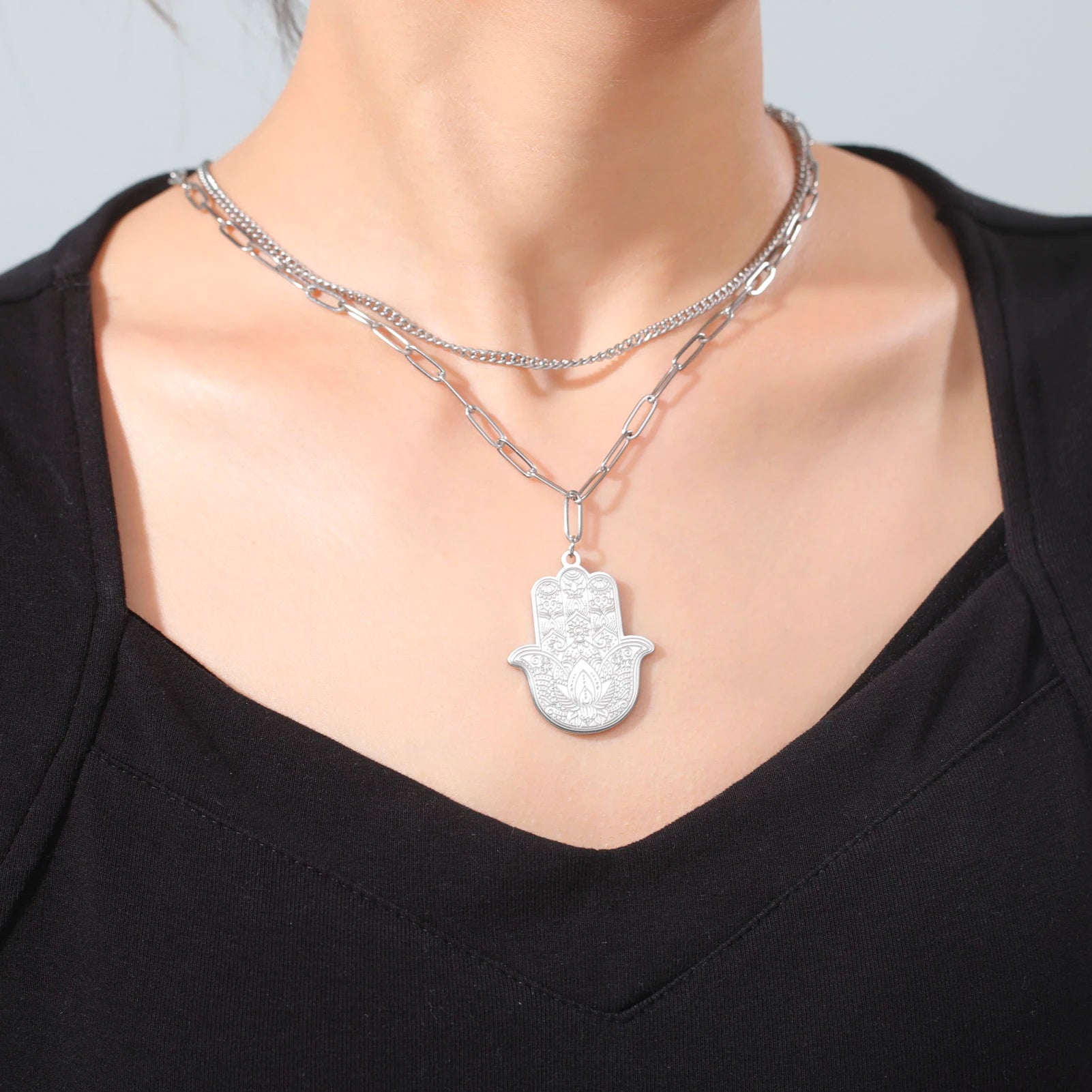 Hamsa Hand Stainless Steel Pendant Necklace