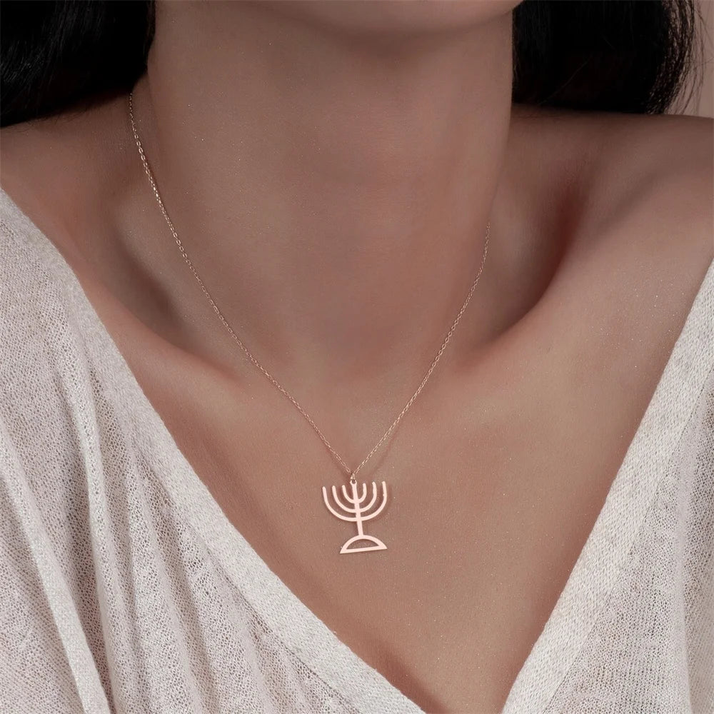 Jewish Menorah Stainless Steel Pendant Necklace