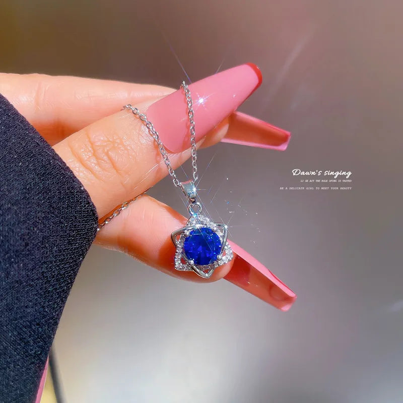 Blue Crystal Mogan David Star Pendant Necklaces