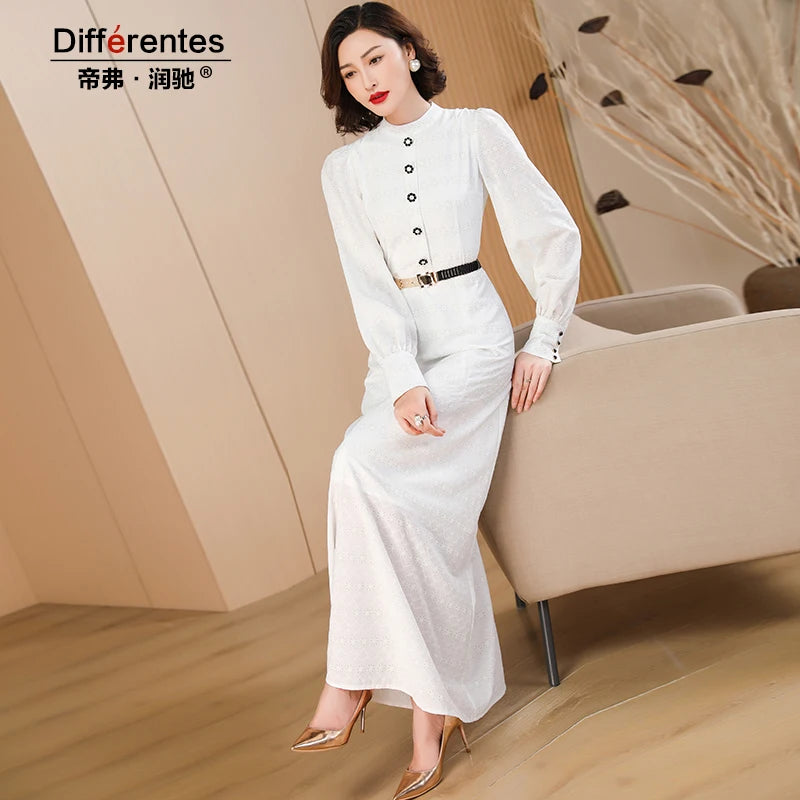 Women Buttons White Long Dress