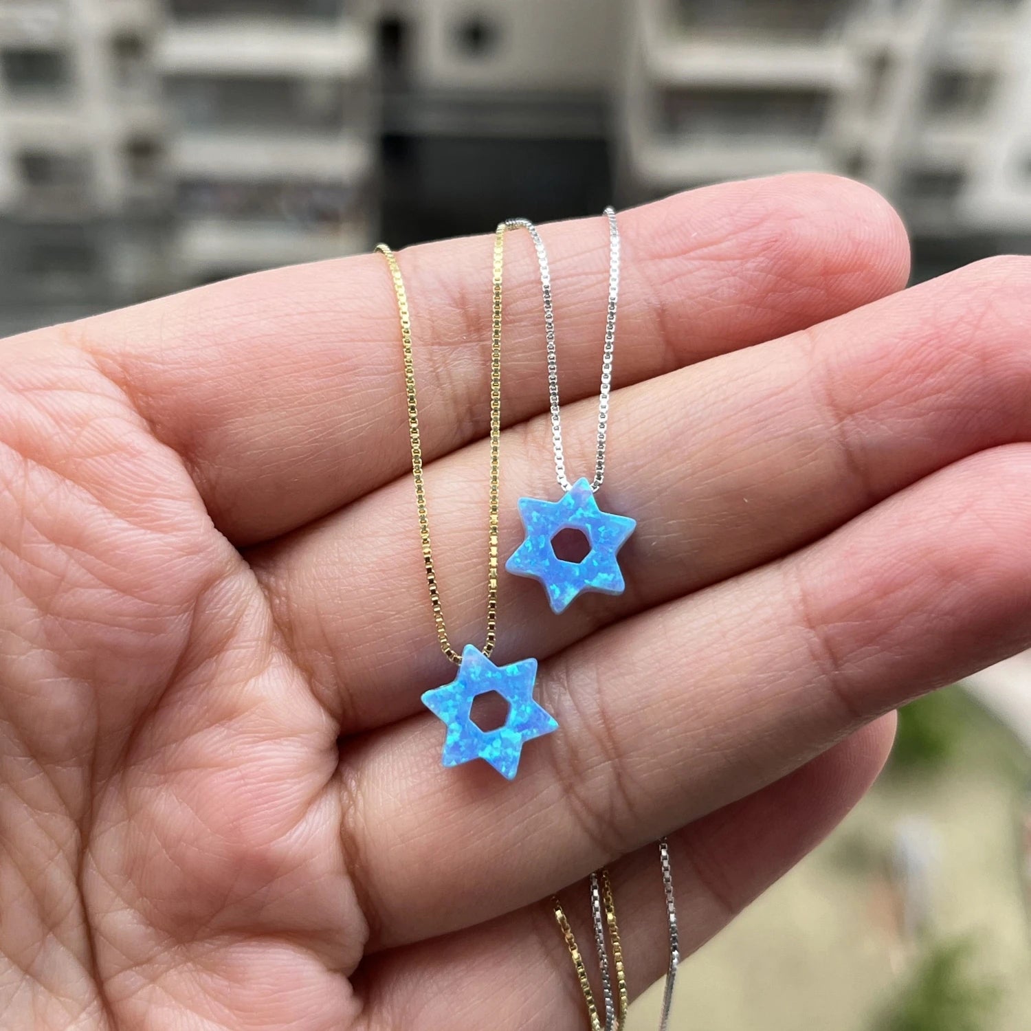 Dark Blue/White Jewish Star Of David With Hollow Opal Necklace