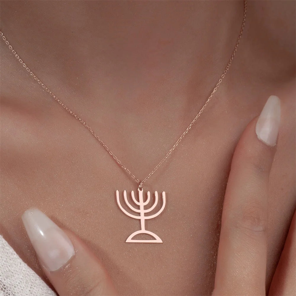 Jewish Menorah Stainless Steel Pendant Necklace
