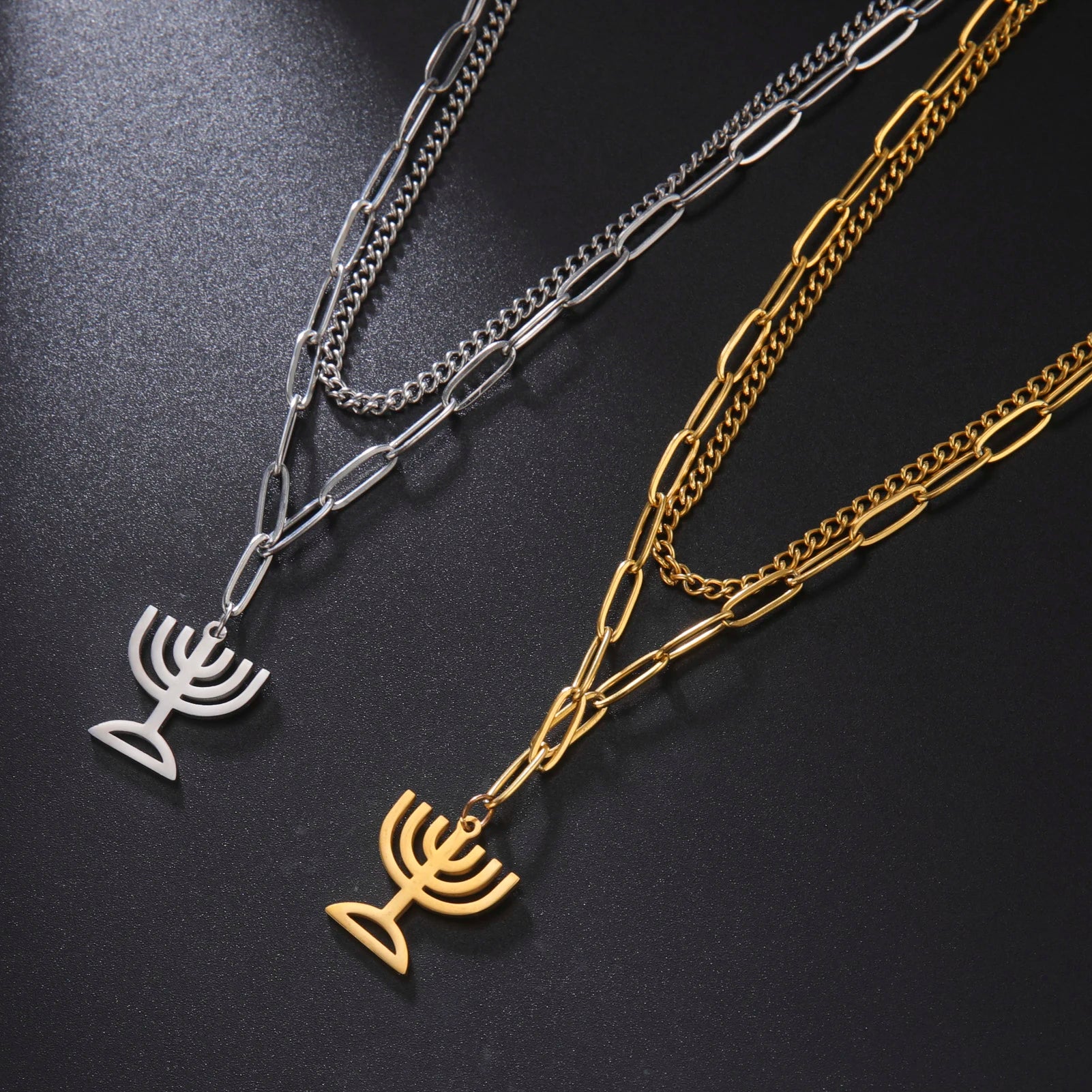 Menorah Candles Jewish Religious Double Layer Necklace