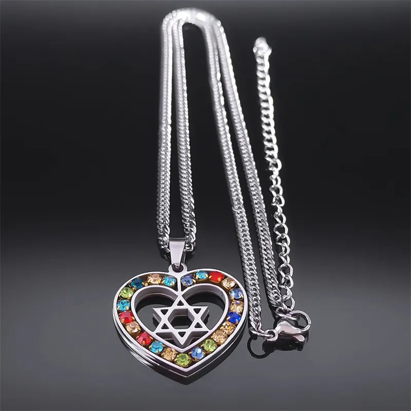 Stainless Steel Jewish Star Of David  Heart Shape Necklace