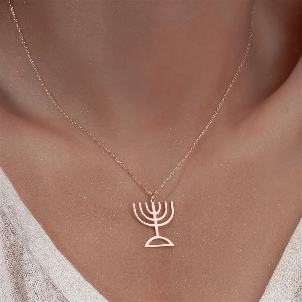 Jewish Menorah Stainless Steel Pendant Necklace
