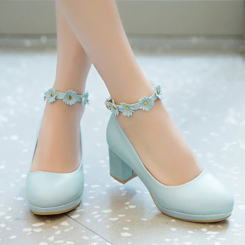 Flower Buckle Thick Heel High Heel