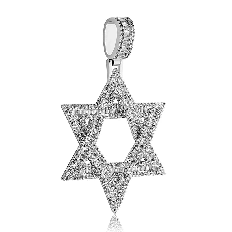 Stone Paved Bling Iced Out Jewish Star Of David Pendants Necklaces