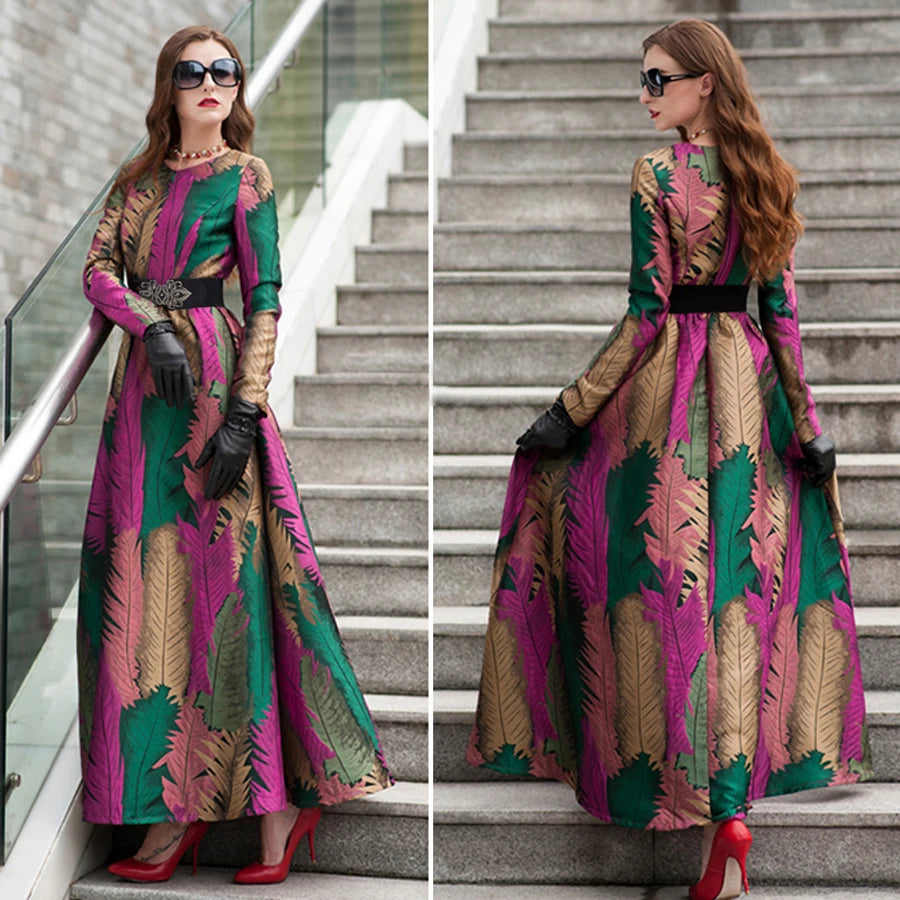 Leaf Print Long Sleeve Jacquard Dress