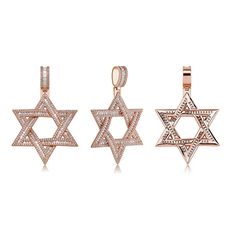 Stone Paved Bling Iced Out Jewish Star Of David Pendants Necklaces