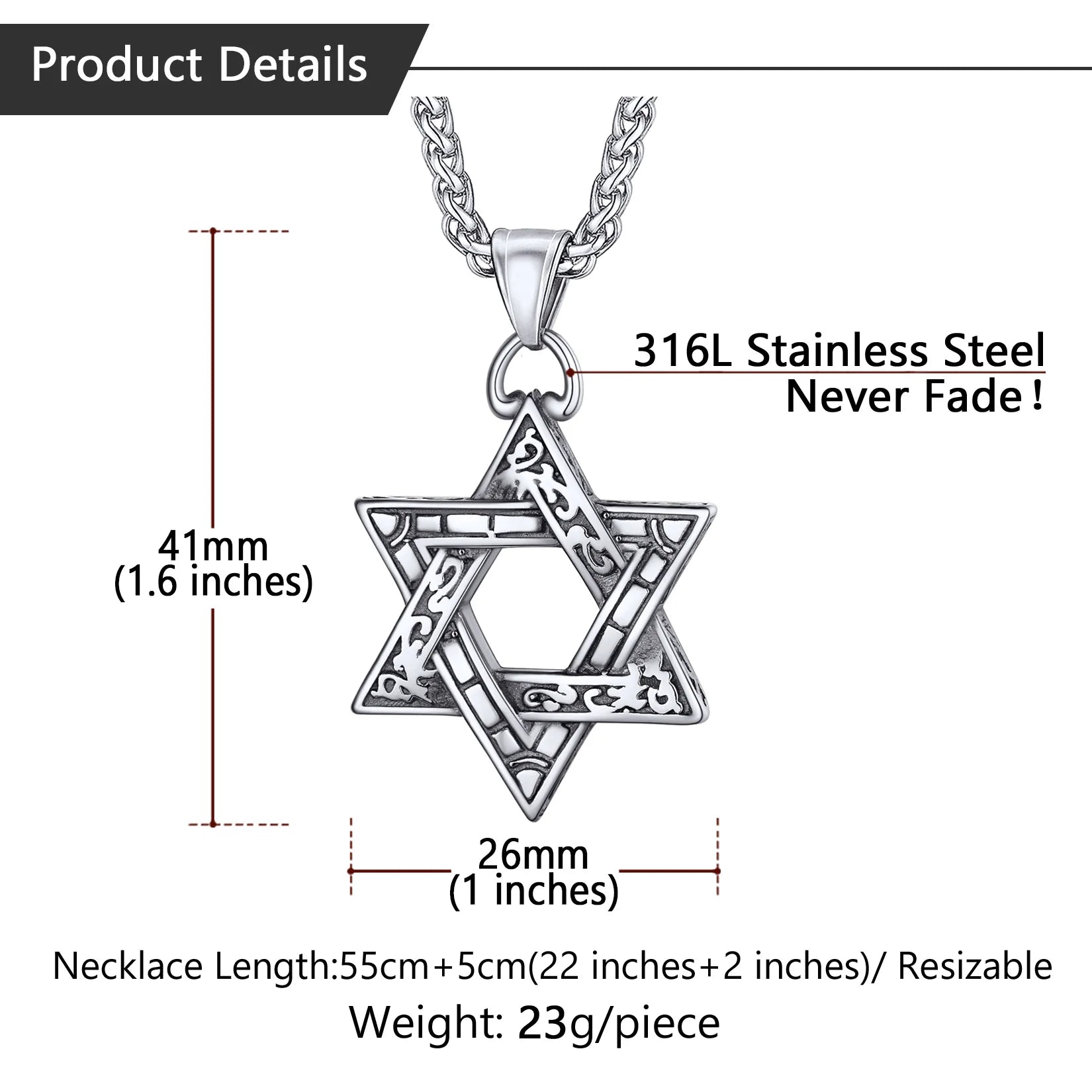 David Star Stainless Steel Jewish Necklace