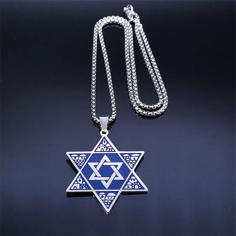 Hexagram Judaica Symbol Blue Color Pendant Necklace