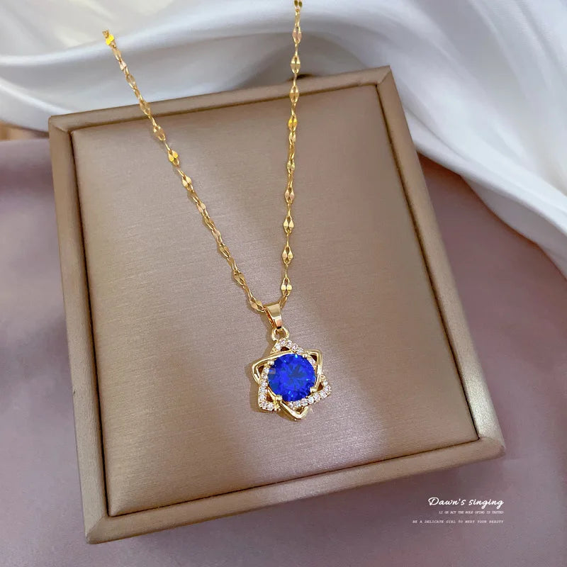 Blue Crystal Mogan David Star Pendant Necklaces