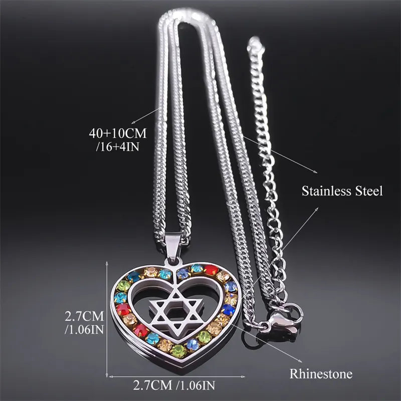 Stainless Steel Jewish Star Of David  Heart Shape Necklace