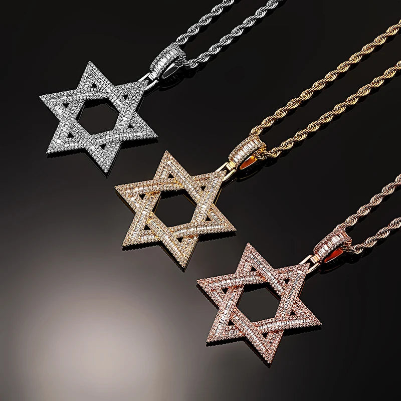 Stone Paved Bling Iced Out Jewish Star Of David Pendants Necklaces