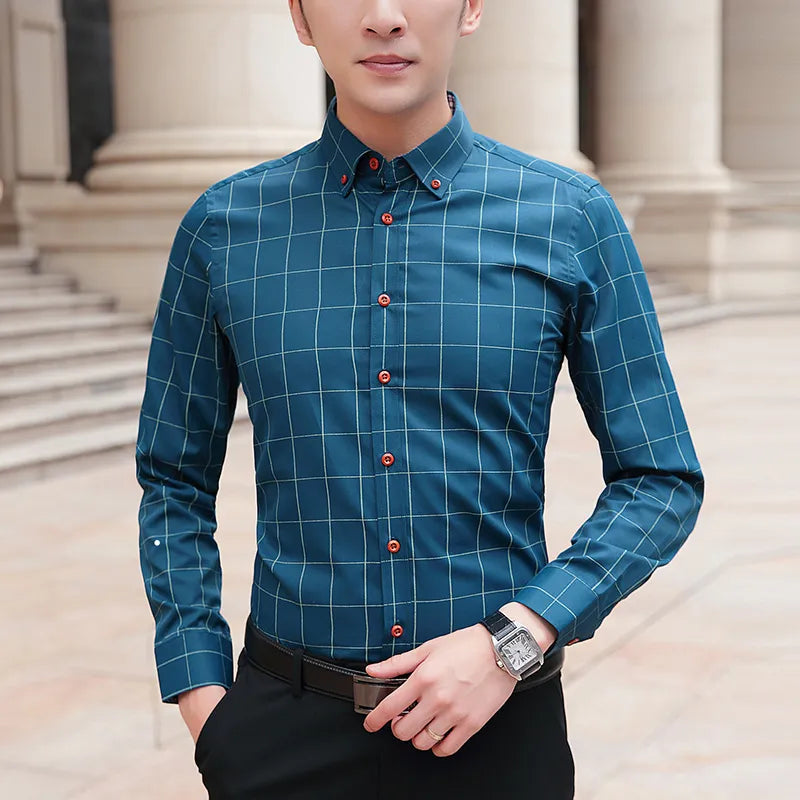 Men's Long Sleeve Turn-down Collar Plaid Pattern Shirt