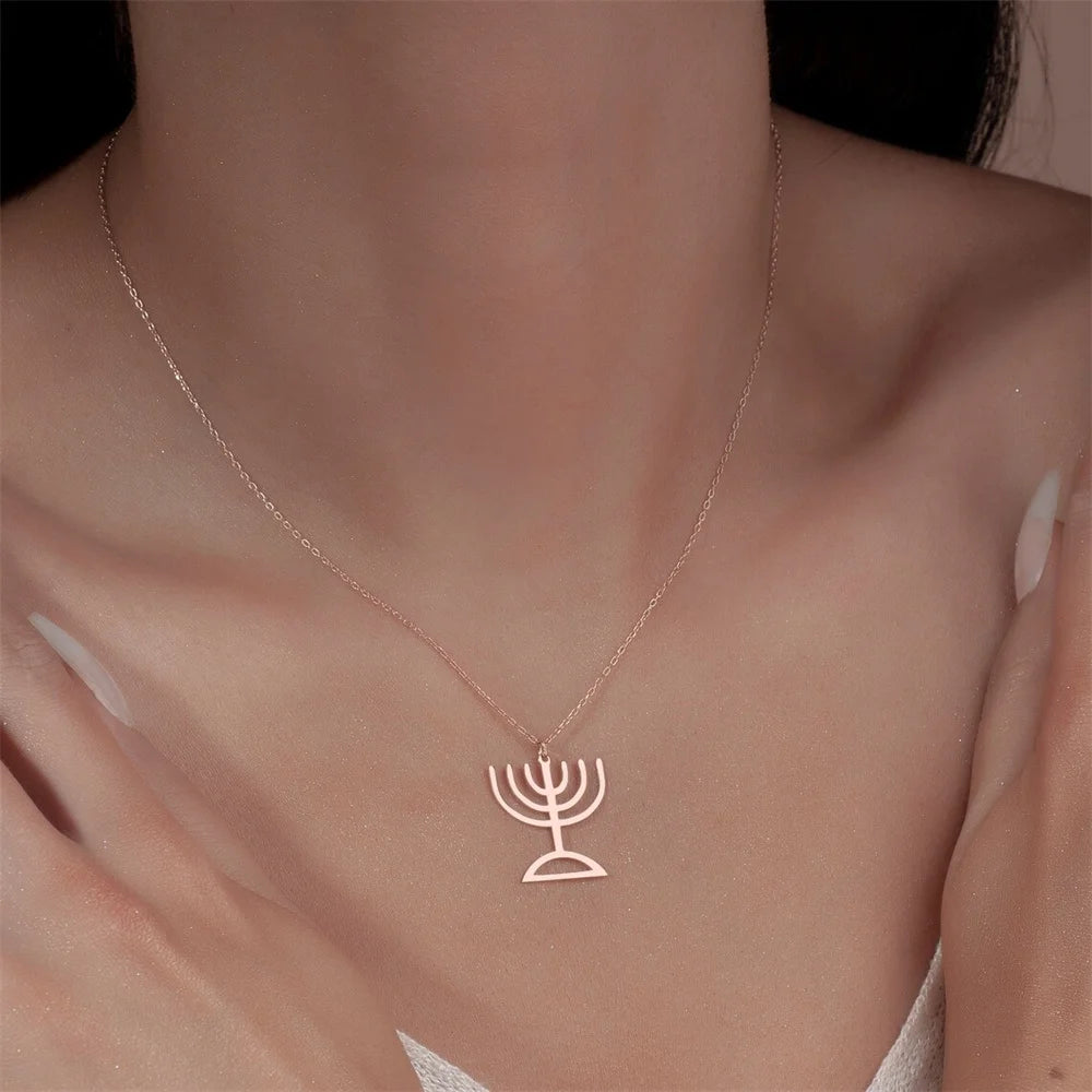 Jewish Menorah Stainless Steel Pendant Necklace