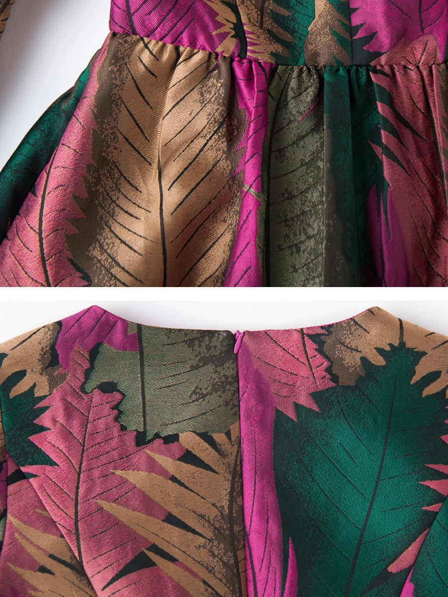 Leaf Print Long Sleeve Jacquard Dress